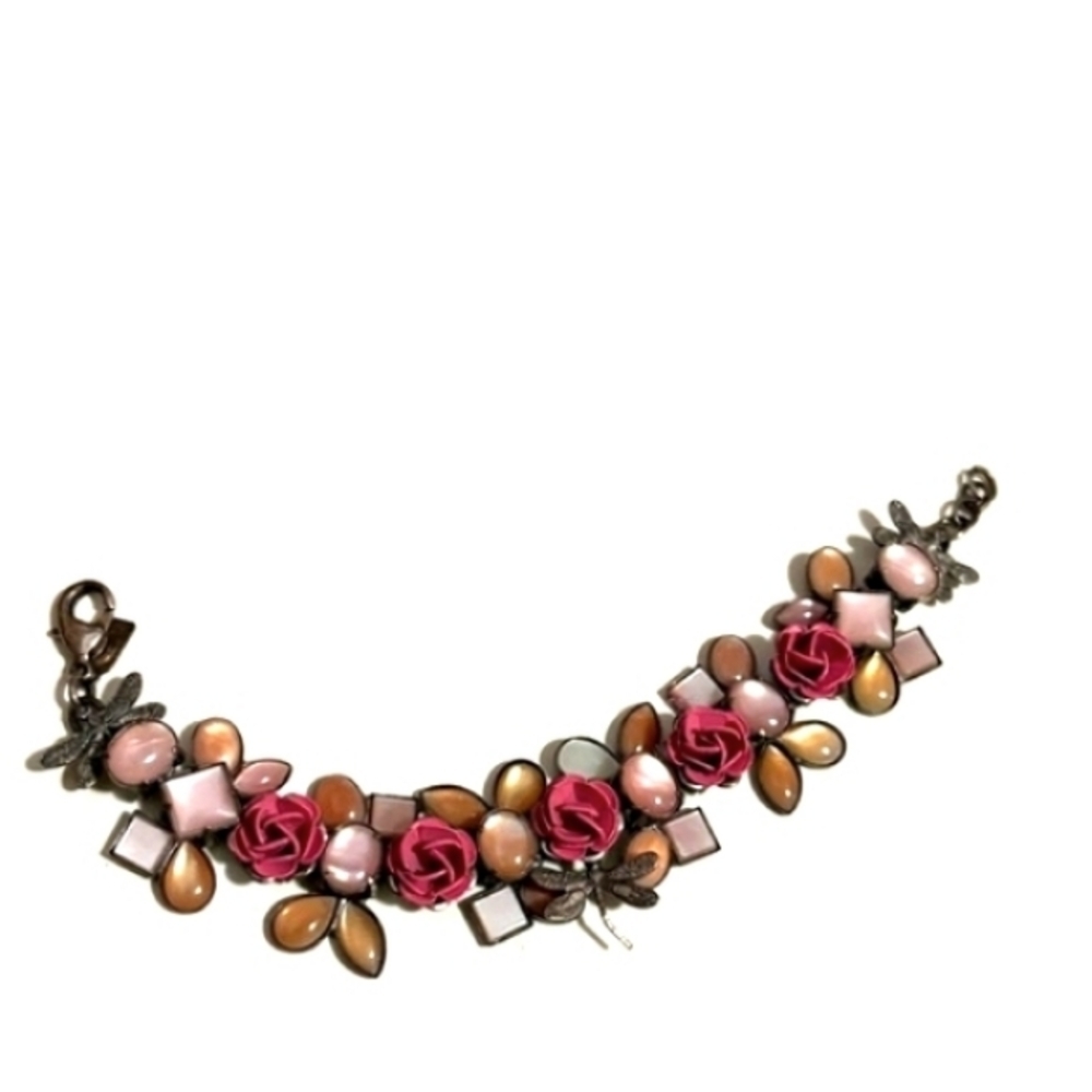 VINTAGE MARY DEMARCO (LA CONTESSA) PINK ROSE BUBBLE BEADED DRAGONFLY 7" BRACELET